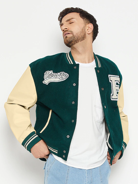 e6abc850 ce08 4c5f 91e0 60d29a872f081671617255568 FUGAZEE Men Green Varsity Jacket with Patchwork 664167161725 12